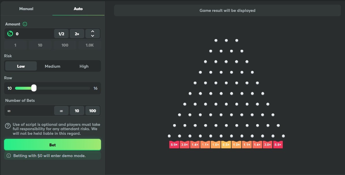 A triangular pegboard game interface with white pegs arranged in rows forming a pyramid shape. At the bottom, there are colorful multiplier tiles labeled with values like 8.9x, 3.0x, 1.4x, and 0.5x. On the left, a control panel allows users to set betting parameters such as amount, risk level (low), rows (10), and the number of bets.